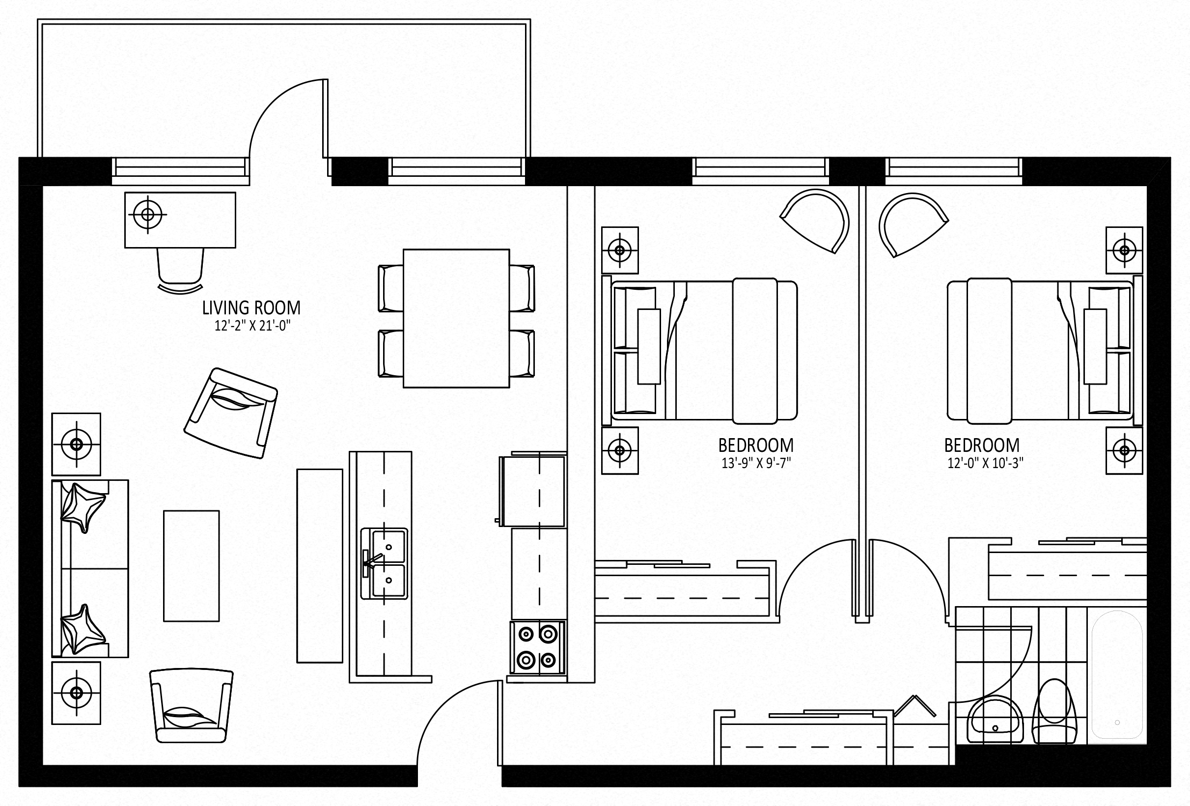 Floor plan for 2 beds, 1 bath, 930 sqft